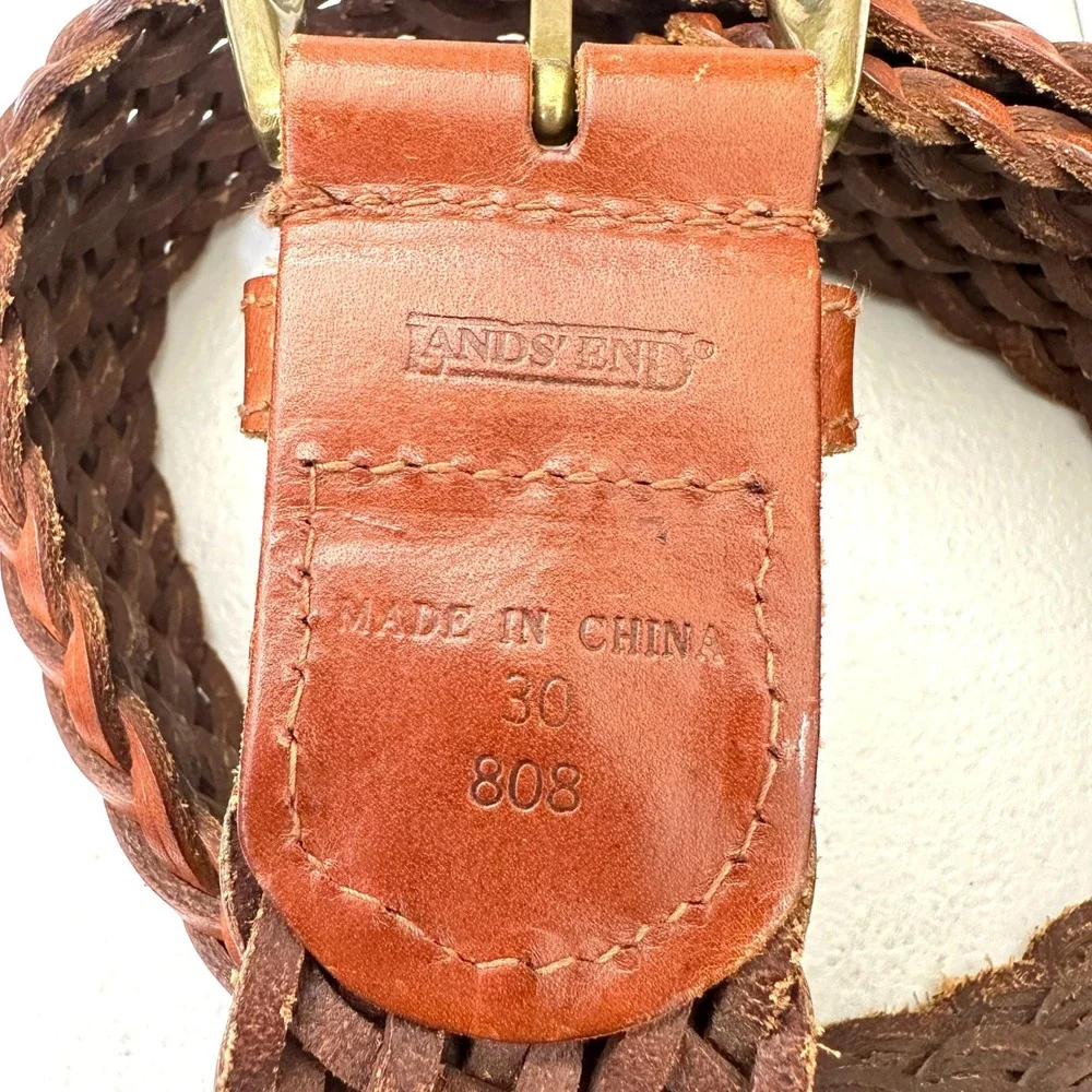 Lands' End Brown Braided Leather Belt Size 30 Woven Brass Buckle Casual